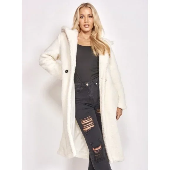 1 DAY SALE! Long Sleeve Hoodie Hooded Long Maxi Borg Teddy Bear Fur Coat - Picture 3 of 15